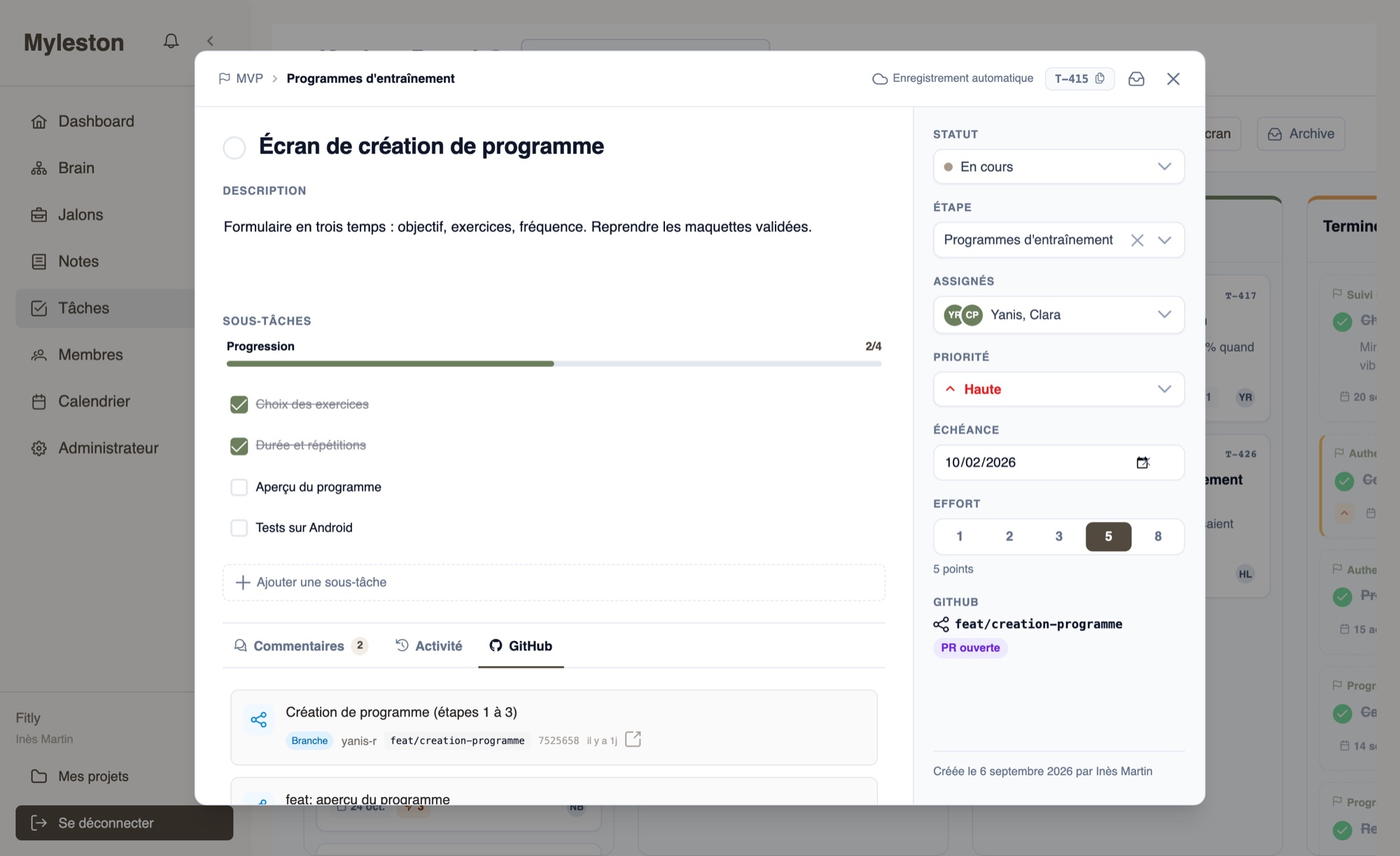 Onglet GitHub d'une carte : branche, commits et pull request