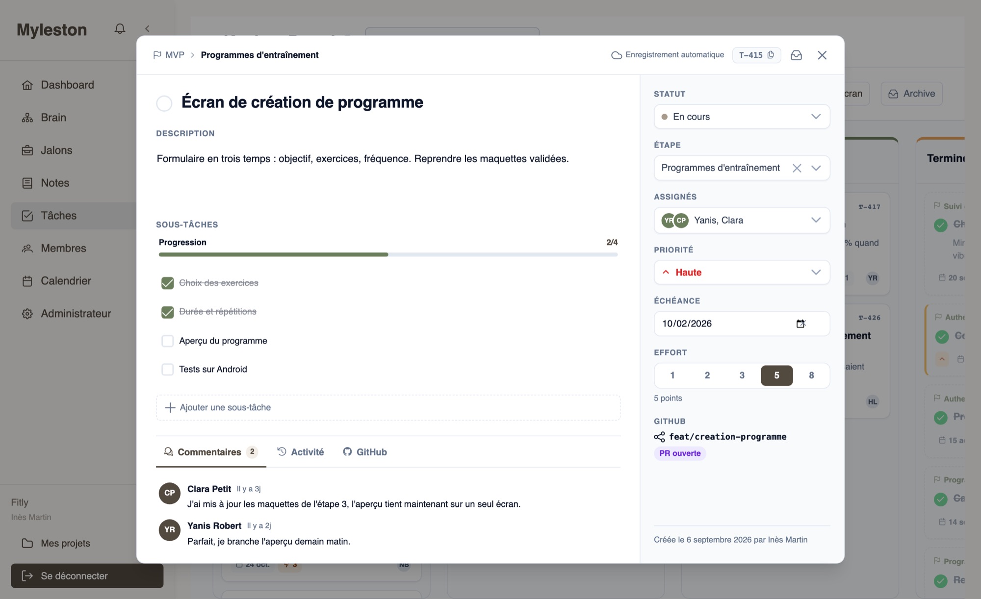 Fiche d'une carte Kanban : sous-tâches, assignés, priorité, échéance et effort