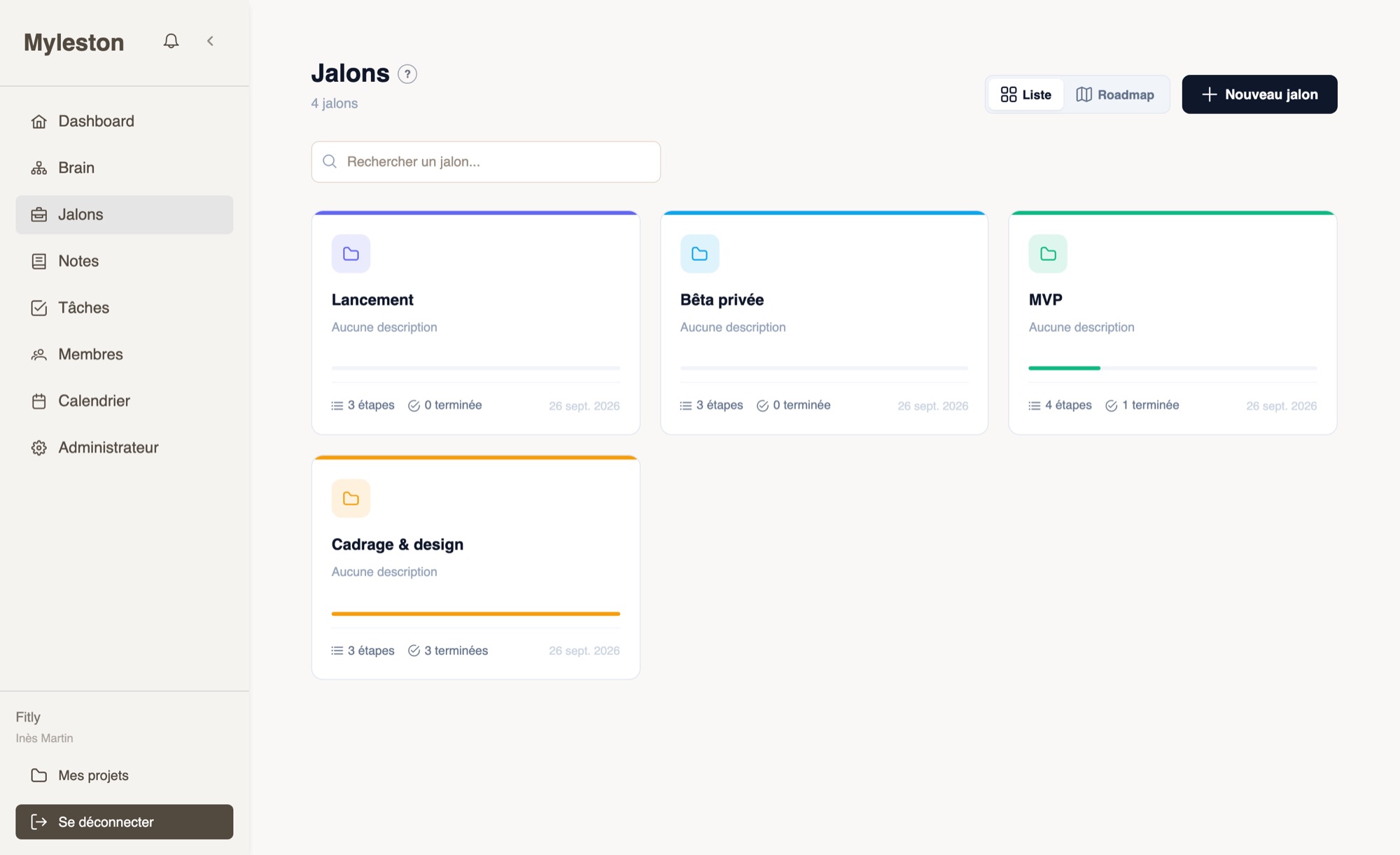 Liste des jalons avec leur avancement