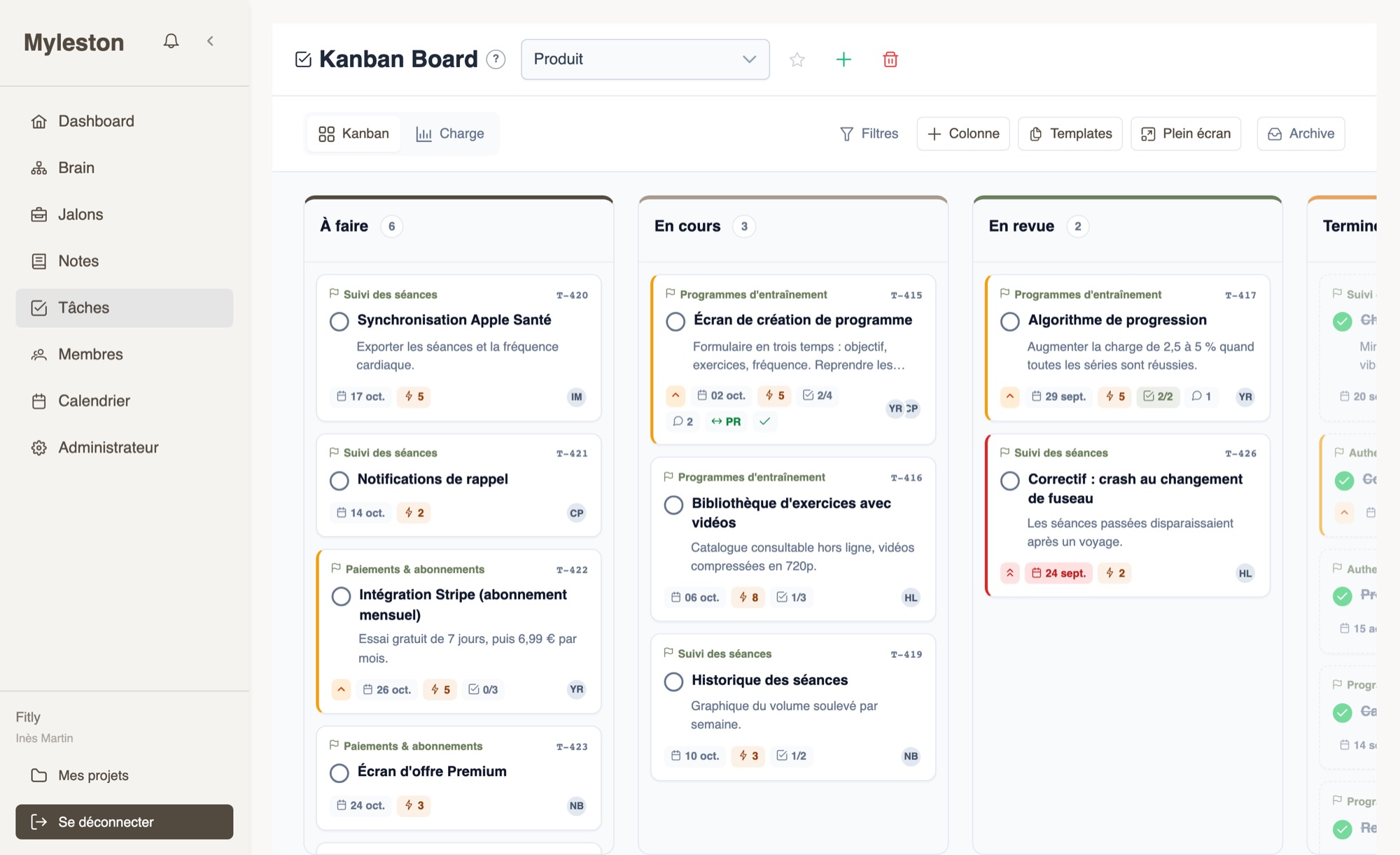 Tableau Kanban Myleston avec des cartes rattachées aux étapes du MVP